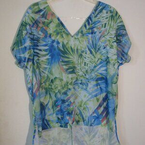 Caramela Blouse Small Tropical Greens Blues V Neckline Lightweight